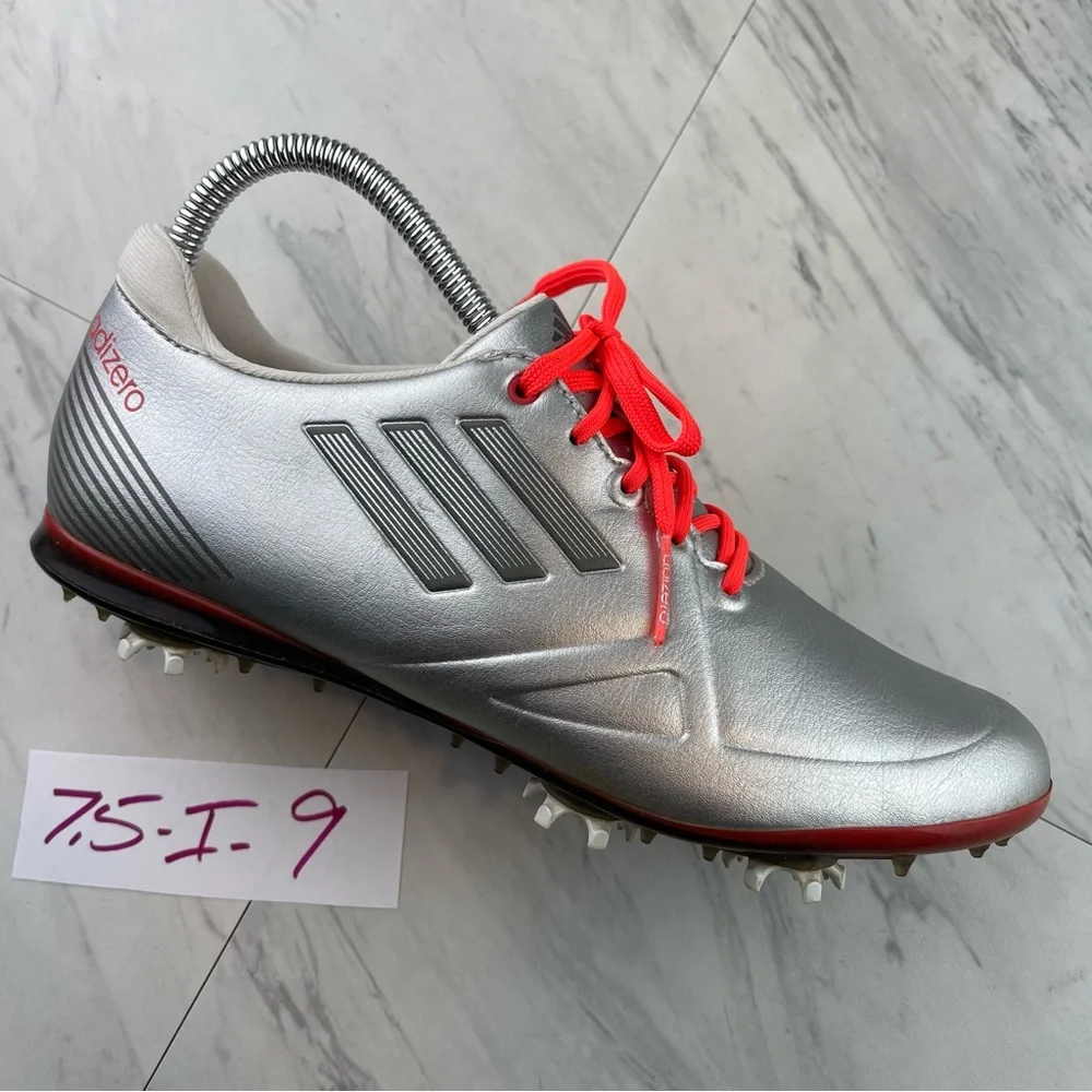 •Adidas Adizero Tour Size 7.5 Silver Crimson Waterproof spike Golf Shoes 676161